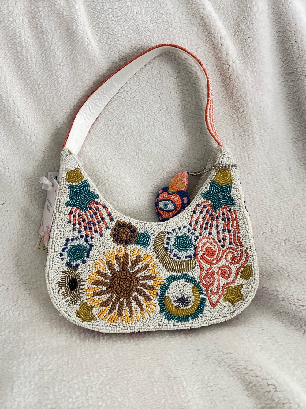 White Beaded Shoulder Bag with Multicolor Floral Embroidery